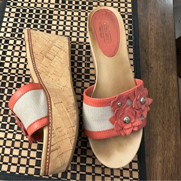 Coach Jesaca Coral Floral Leather Slip-On Open Toe Wedge Sandals Size 7.5 - Picture 5 of 13